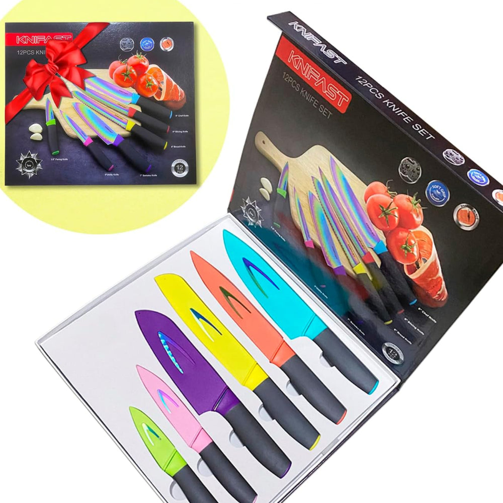 Kitchen Knife Set – 12 Pcs Rainbow Titanium with Blade Guards
