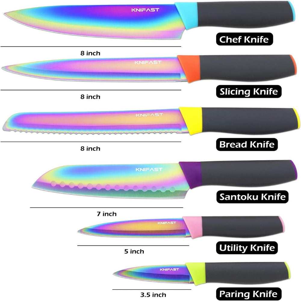 Kitchen Knife Set – 12 Pcs Rainbow Titanium with Blade Guards