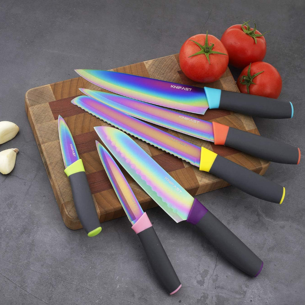 Kitchen Knife Set – 12 Pcs Rainbow Titanium with Blade Guards