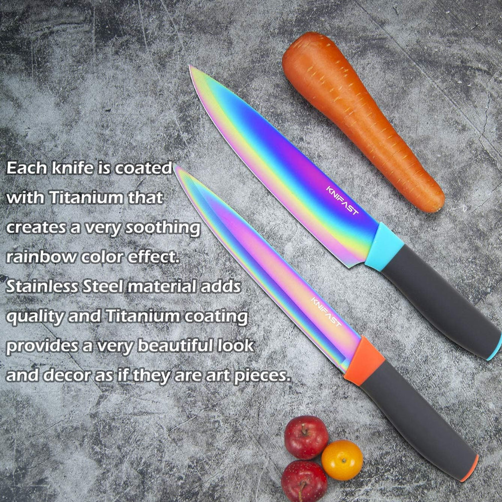 Kitchen Knife Set – 12 Pcs Rainbow Titanium with Blade Guards