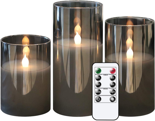 Genswin Gray Glass Flameless LED Candles – Set of 3 with Remote & Timer