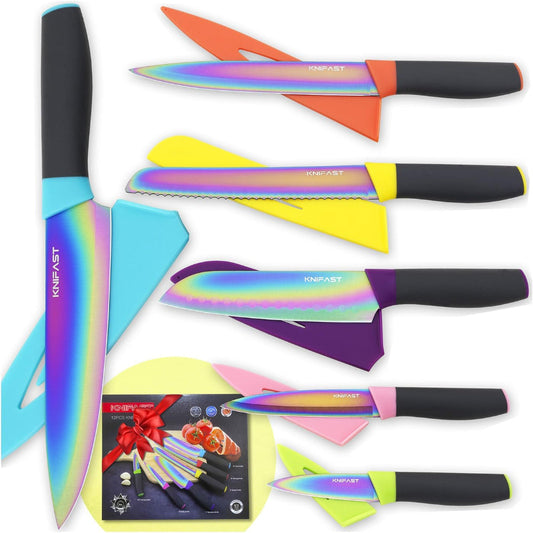 Kitchen Knife Set – 12 Pcs Rainbow Titanium with Blade Guards