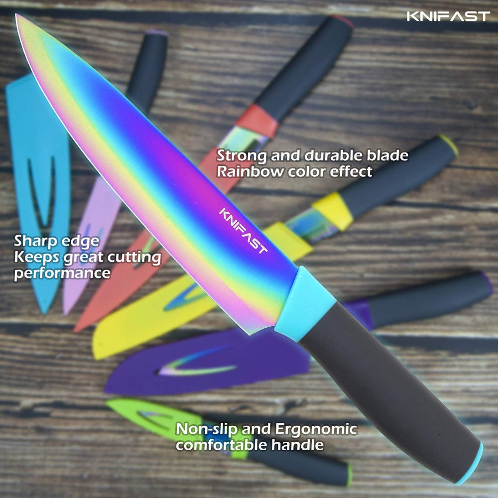 Kitchen Knife Set – 12 Pcs Rainbow Titanium with Blade Guards
